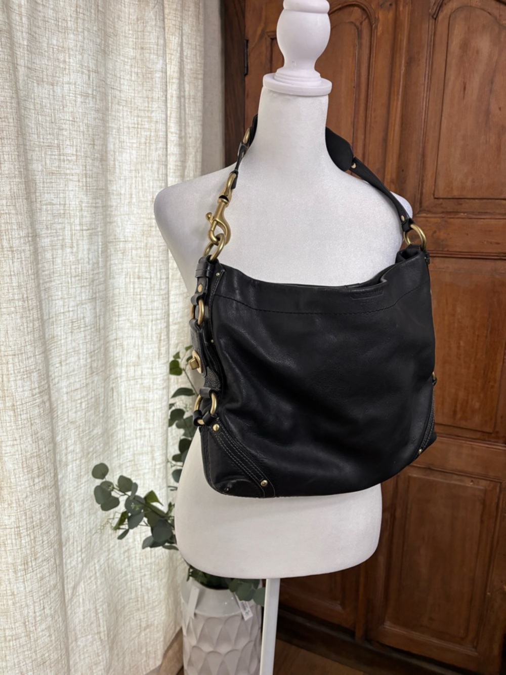 Coach Black Leather Shoulder Hobo with Gold Hardware